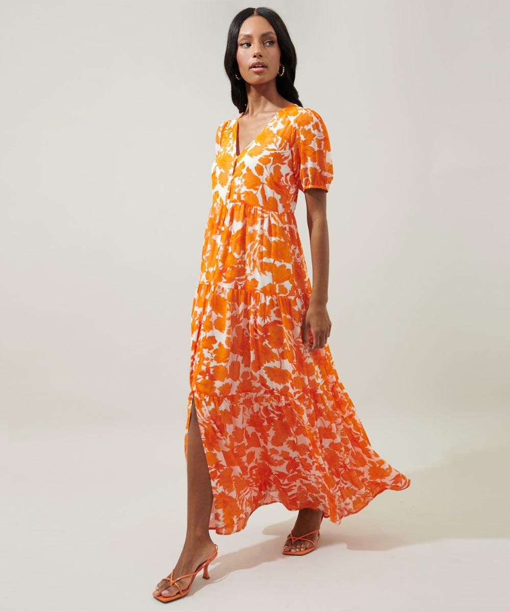 Capri Floral Tiered Orange and White Maxi Dress