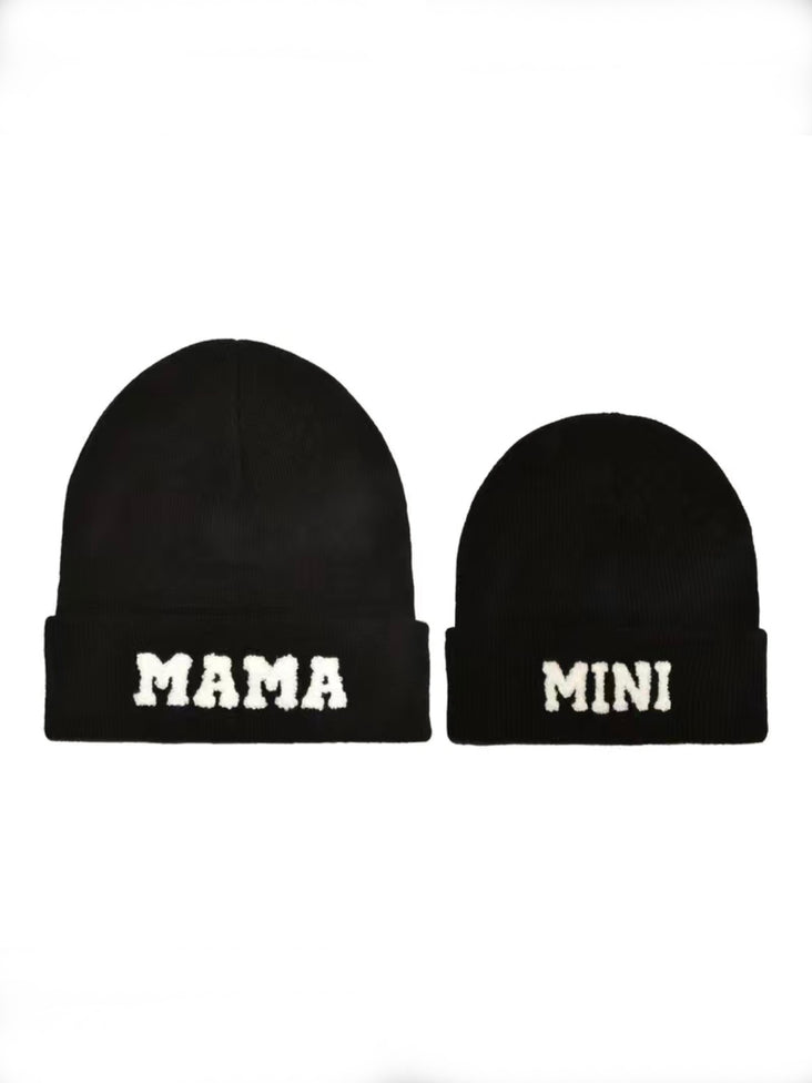 Mama and Mini Beanie Knitted Hat - Black Color - Sherpa Letters