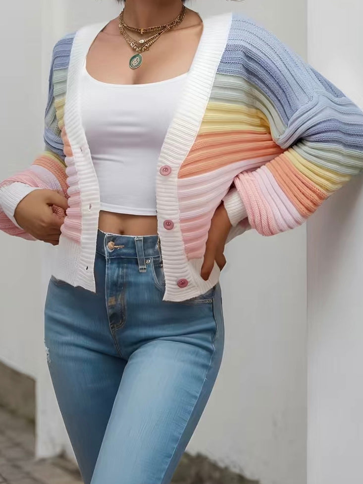 Rainbow Knitted Button Up Sweater