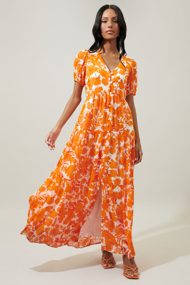 Capri Floral Tiered Orange and White Maxi Dress