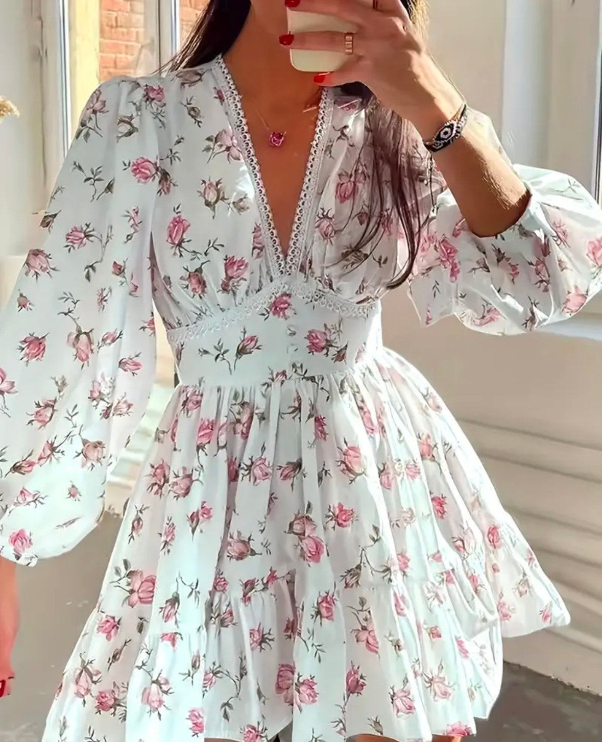 White and Pink Floral Long Sleeve Dress