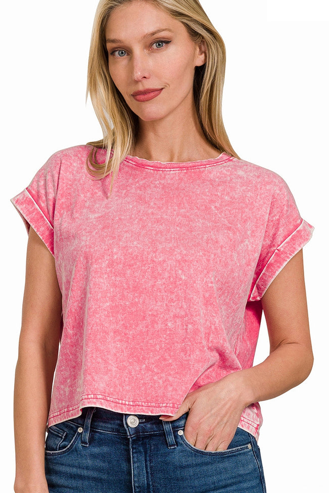 Malibu Washed Cotton Cuffed Short Sleeve Top - Coral Pink