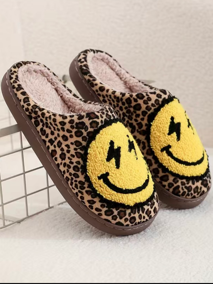 Smiley Face Leopard Plush Slippers