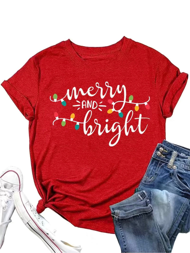 Merry and Bright Christmas T-shirt - Red Color