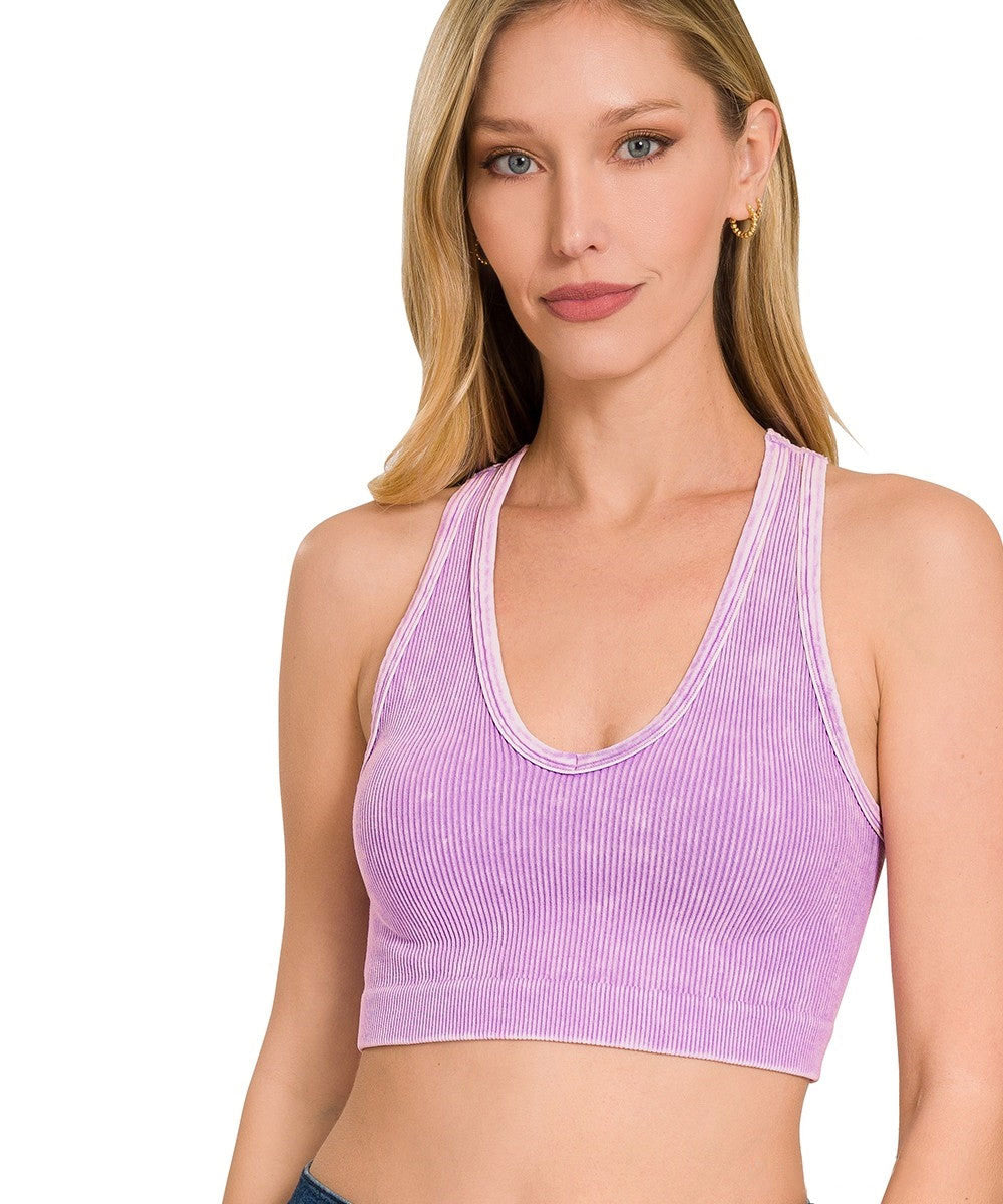 Lavender Washed Ribbed V-Neck Racerback  Athletic Sports Bra
