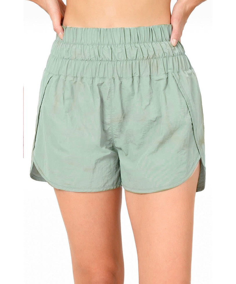 Sage High Waisted Windbreaker Running Shorts - Smocked Waistband