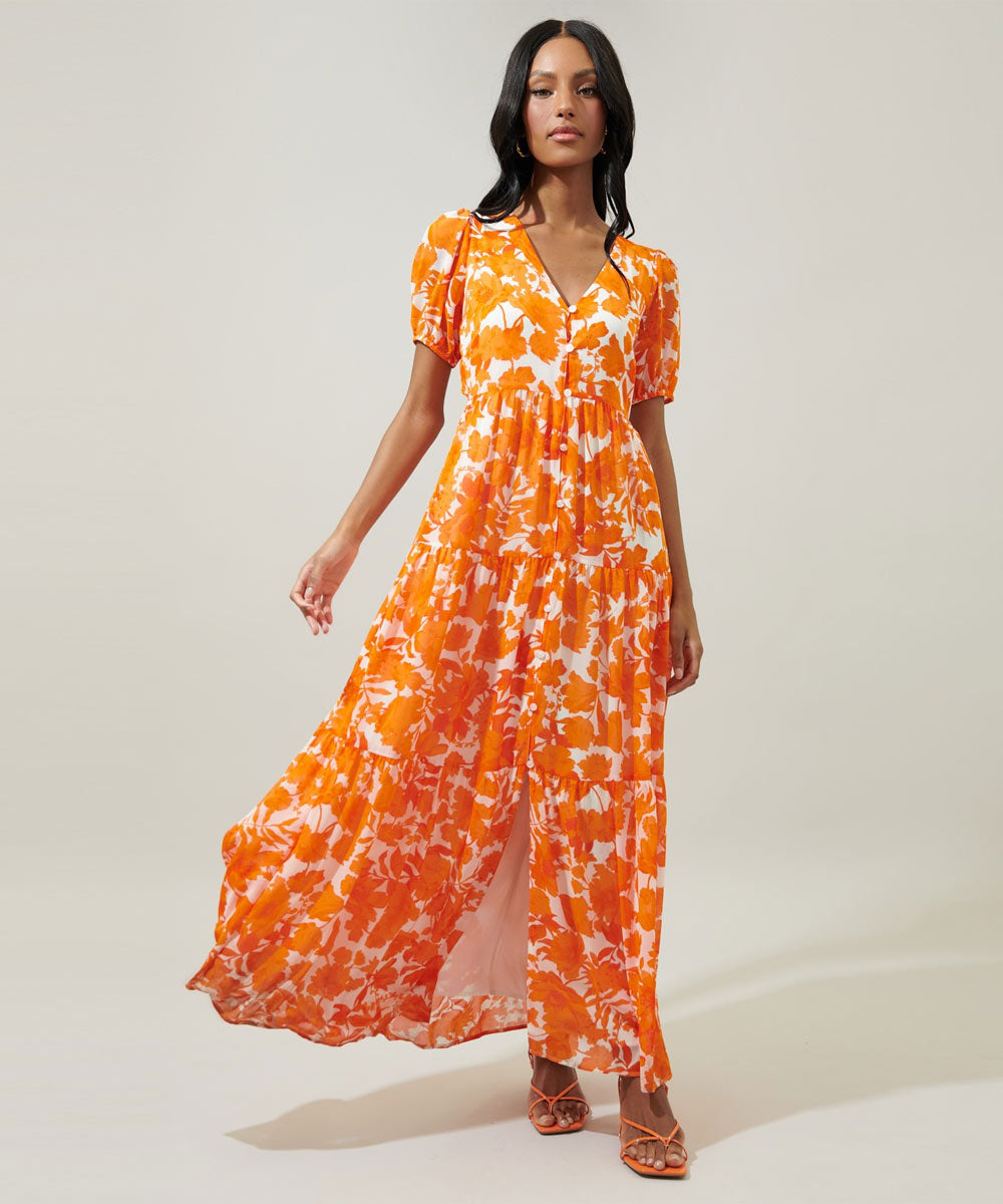 Capri Floral Tiered Orange and White Maxi Dress | Jaxodyssey Capri Floral Tiered Orange and White Maxi Dress | Jaxodyssey