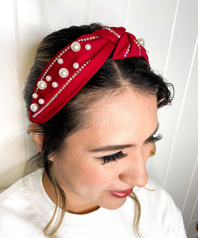Elizabeth Embellished Center Knott Headband - Red Color and Pearls