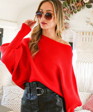 Red Cardigan Boat Neck and Puff Sleeves