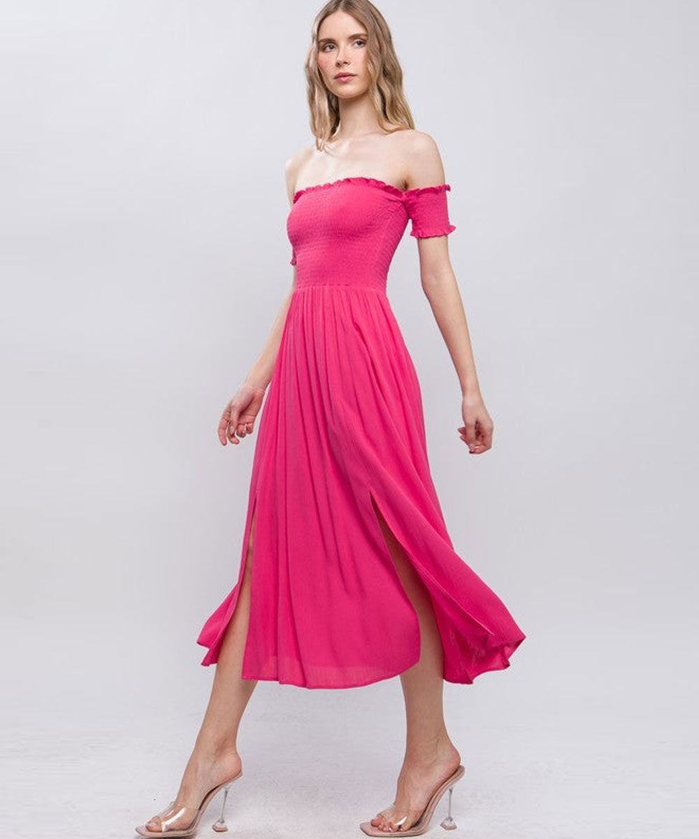 Barbie Girl Off-Shoulder Smocked Slits Midi Dress | Jaxodyssey