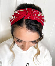 Elizabeth Embellished Center Knott Headband - Red Color and Pearls