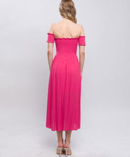 "Barbie Girl" Off Shoulder Smocked Slits Midi Dress - Hot Pink