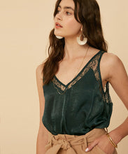 Emerald V-neck Camisole Silky Top with Lace
