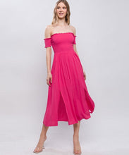 "Barbie Girl" Off Shoulder Smocked Slits Midi Dress - Hot Pink