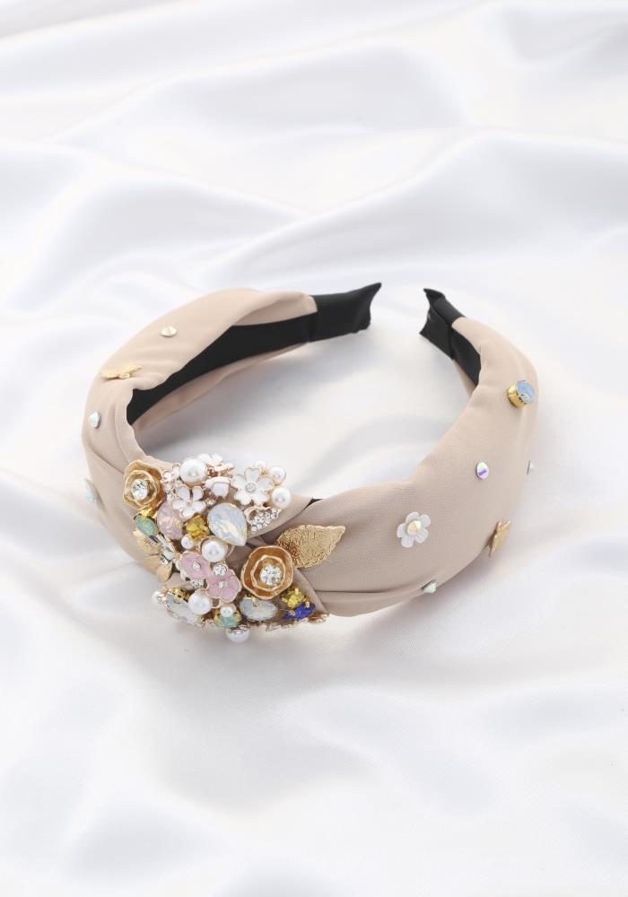 Floral embellished rhinestones nude headband