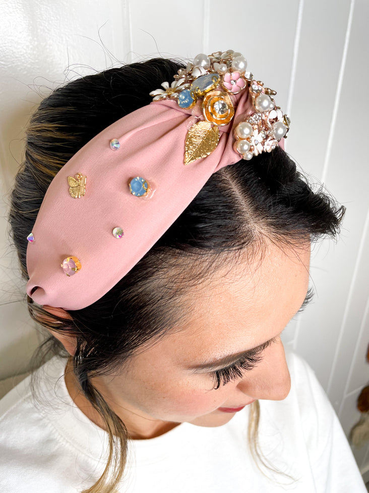 Marie Embellished Floral Headband - Pink Color