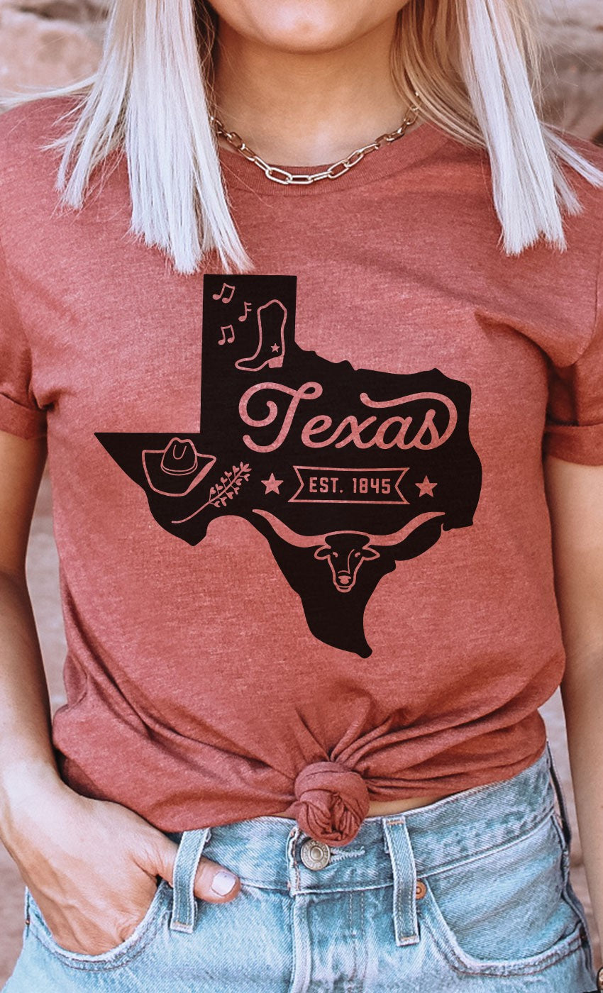 Texas State Outline Graphic T-shirt - Brick / Clay Red