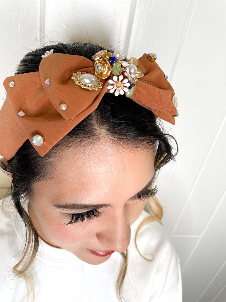 Antoinette Embellished Bow Headband - Mocha Color