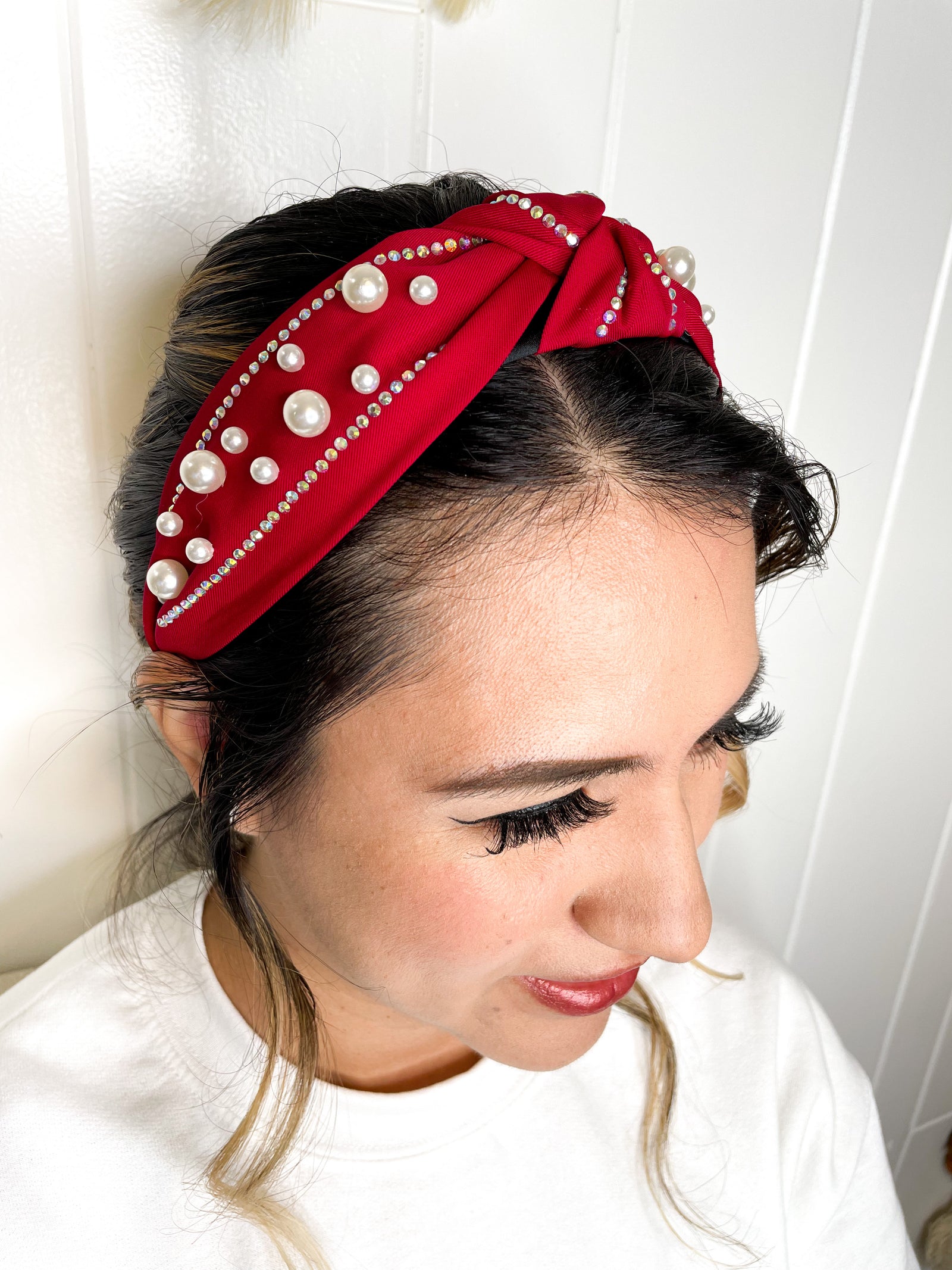 Elizabeth Embellished Center Knott Headband - Red Color and Pearls